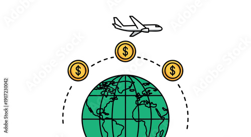 Vector global finance illustration with airplane, dollars, and world map, for business or marketing material, Isolated on transparent background, png