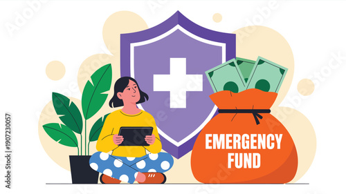  Emergency fund savings concept with health insurance shield and cash bag, illustrating financial security, medical expenses planning, healthcare protection and personal finance safety concept