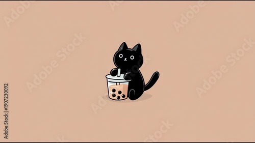 Cute black cat character holding a bubble tea drink with a straw and tapioca pearls