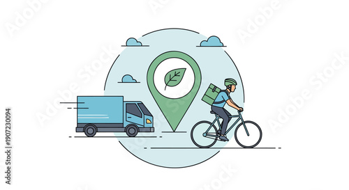 Vector illustration of delivery person on bicycle with truck and green location pin, for logistics or transportation concept, isolated on transparent background, png