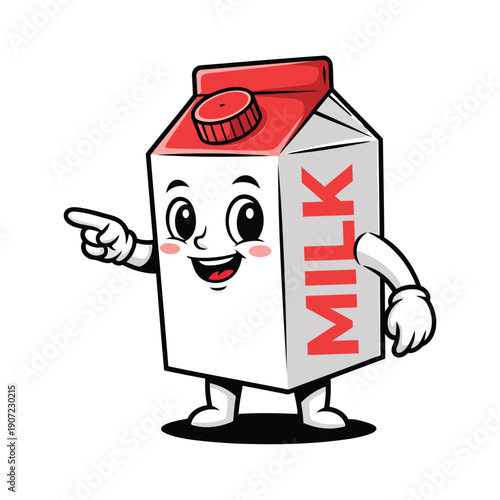 Cute Milk Carton Mascot Character Pointing Cartoon Dairy Box Illustration Vector