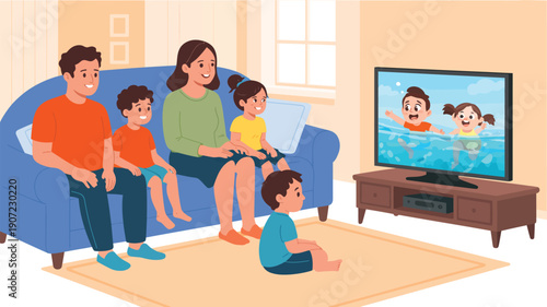 Happy family watching television together in living room, parents and children enjoying cartoon show at home, family bonding, entertainment, togetherness and leisure lifestyle concept 