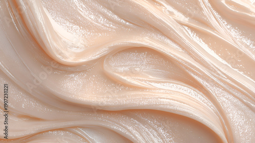 Creamy cosmetic foundation or sunscreen texture with smooth, soft, and glossy waves creating a serene abstract background for beauty and skin care concepts