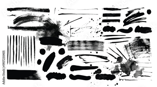 Collection of black brush strokes and splatters on white background