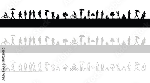 "Three rows of human silhouettes in black, gray, and light gray depicting walking, cycling, strollers, umbrellas, and everyday activities, minimalist progression design for visibility, contrast, and c