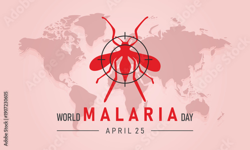Red mosquito with a target reticle over a world map, illustrating world malaria day on april 25 and emphasizing global health awareness for preventing malaria disease
