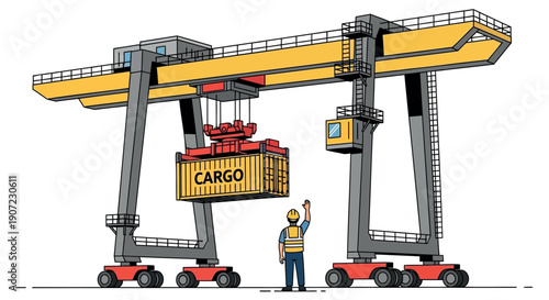 Vector illustration of a worker operating a gantry crane with cargo container, for industrial or logistics concept, Isolated on transparent background, png