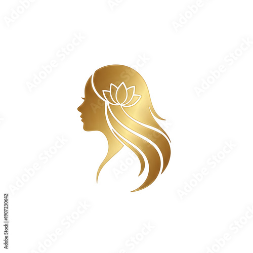 Golden Silhouette of Elegant Woman with Lotus Flower in Hair