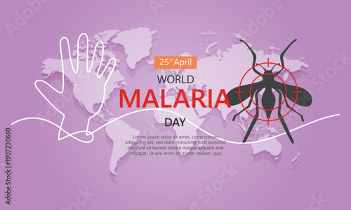 World malaria day on april 25 raising global health awareness about prevention, featuring a hand stopping a mosquito targeted for elimination over a world map