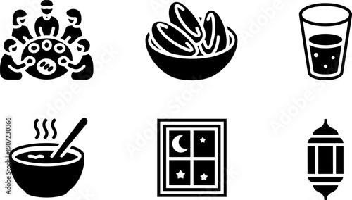 Islamic icons collection, ramadan iftar meal, bowl of dates, water glass, soup, lantern, crescent moon night scene, eid celebration cultural heritage illustration