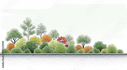 "Naturalistic landscaped area with diverse trees and shrubs in seasonal colors of green, red, orange, and yellow, layered foliage design with paved surface below for urban park, biodiversity, and crea