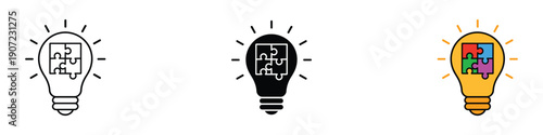 Creative puzzle light bulb idea icon vector. Innovation logic solution and strategy brainstorming symbol set. Vector illustration.