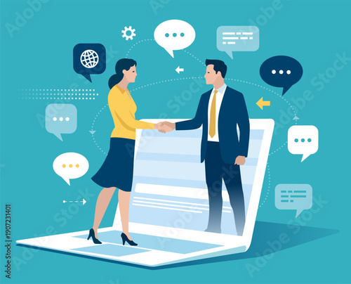 Cooperation. Agreement concluded over the internet. Business couple shaking hands online through laptop monitor between communication icons. Business concepts of vector illustration