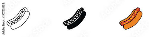 Delicious hot dog snack icon vector. Grilled sausage in bun with mustard and takeaway lunch symbol set. Vector illustration.