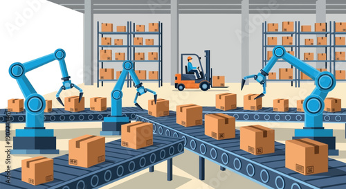 Vector illustration of robotic arms on a warehouse conveyor belt with boxes and forklift, for logistics or manufacturing concept, Isolated on transparent background, png