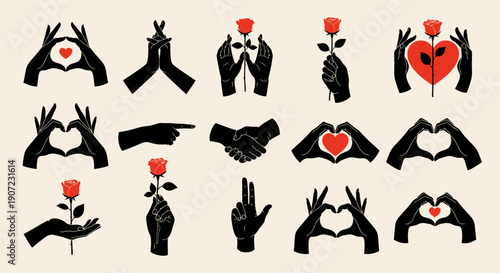 Various hand gestures forming heart shapes with flowers and fingers intertwined, symbolizing love and connection in a minimalist style