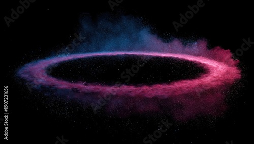 A glowing pink and blue dust ring hovers in a dark void