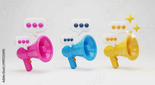 Vibrant megaphones with speech bubbles and stars, symbolizing loud announcements and communication in a colorful setting