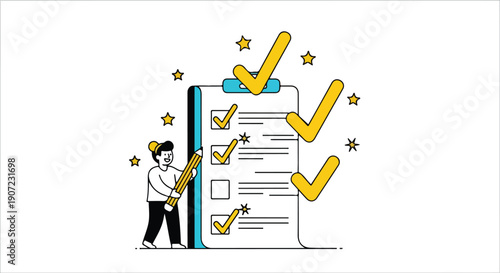 Vector illustration of a person checking off tasks on a giant clipboard with golden checkmarks and stars, isolated on white