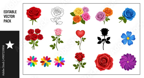 Collection of diverse flowers and roses in various colors and styles for graphic design