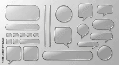 Various speech bubbles and text boxes arranged on a gradient gray background viewed from directly above