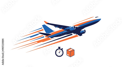 Vector illustration of airplane with motion lines, package delivery or shipping concept, for banner or poster, Isolated on transparent background, png