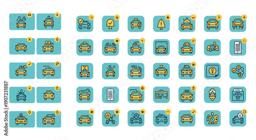 Taxi car vector icon set with various states and actions, yellow and blue outline style for app UI, web design, isolated on white