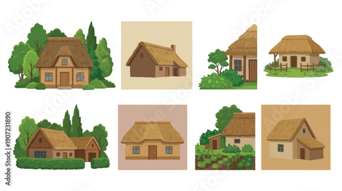 collection of cartoon houses with brown roofs and trees around them