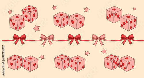 Red dice with hearts and stars arranged on a string with bows in a festive illustration