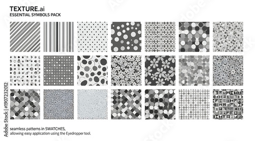 "Grid of twenty black and white texture patterns featuring lines, dots, geometric and abstract designs, seamless graphic pack for digital artwork, Photoshop projects, and creative design applications"