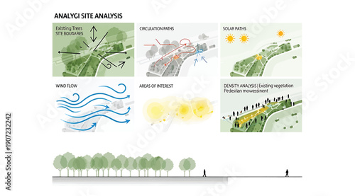 "Comprehensive site analysis diagram illustrating topography, movement paths, sun and wind directions, summer heat exposure, and vegetation with cross-sectional shading effects for landscape architect