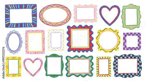 Collection of colorful hand drawn picture frames and borders for photos