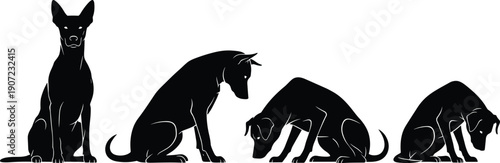 Set of Four Black Dog Silhouettes Showing Sitting and Submissive Postures, Representing Animal Behavior, Emotion, and Graphic Design