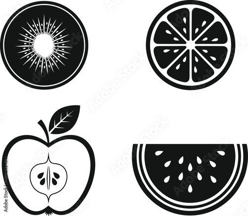Black and white fruit vector icon set, minimalist line art apple kiwi orange watermelon slices, organic food symbols for kitchen