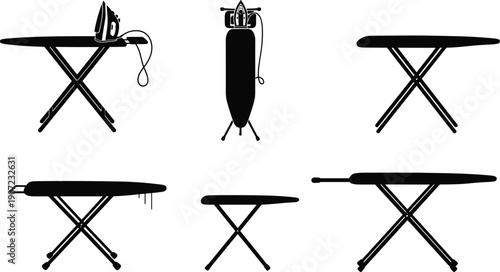 Set of Six Black Ironing Board Silhouettes with Variations Including Iron, Cord, Cloth, and Different Household Product Designs