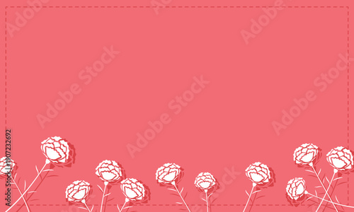 破線で囲まれた影付きのカーネーションが下部に咲くピンクのフレーム