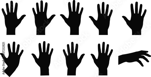 Set of Ten Black Human Hand Silhouettes Showing Finger Gestures and Poses, Representing Anatomy, Expression, and Graphic Design Elements