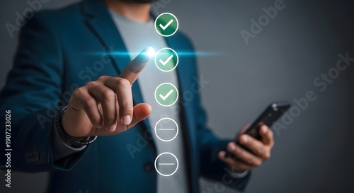 Man using digital checklist app on phone for task management and productivity improvement today now
