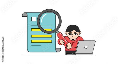 Vector illustration of person searching document with magnifying glass and laptop, data analysis, research, audit, isolated on white