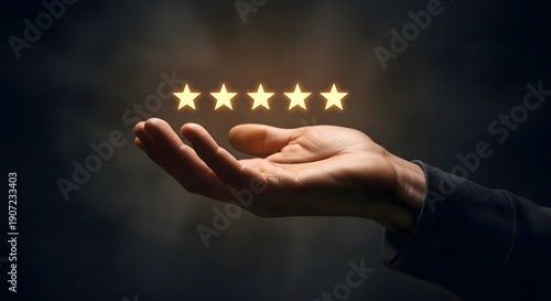Five star rating concept hand holding stars excellent customer service and product review feedback