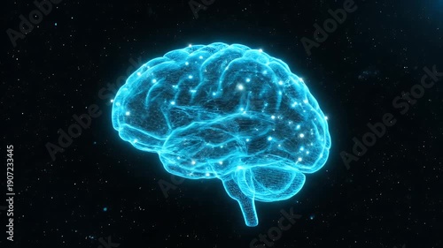 Glowing digital brain hologram symbolizing future science and technology concepts