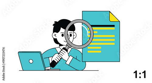 Vector illustration of man with laptop searching document, data analysis, information review, business research concept