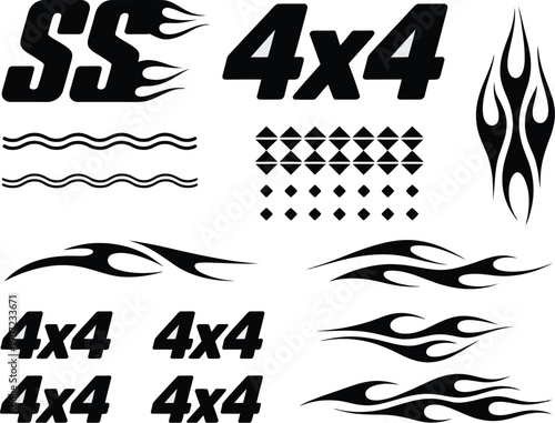 4x4 off road racing car decal sticker sheet - tribal flame & geometric vinyl body graphics set