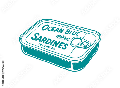 Blue sardine tin vector illustration. Retro canned fish graphic isolated on white. Pop art seafood packaging concept. Mediterranean diet food drawing.