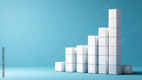 Abstract representation of growth with stacked white cubes on a blue background illustrating progress and ascension in visual form for business or finance concepts