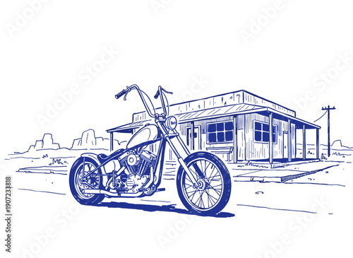 Vintage Chopper motorcycle parking illustration. Desert roadside garage line art vector. Retro biker freedom concept design. Wild west travel graphic.
