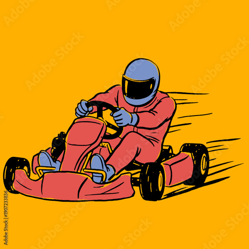 Dynamic Go-Kart speed vector illustration. Retro motorsport activity graphic design. Cartoon racer driving fast action.