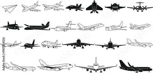 Large collection of airplane icons featuring commercial passenger jets, military fighter planes, private aircraft silhouettes, and paper planes for travel, logistics, and aviation design.