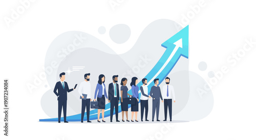 Business Leader Guiding Team Toward Upward Arrow, Leadership, Growth and Career Success Concept Flat Vector Illustration
