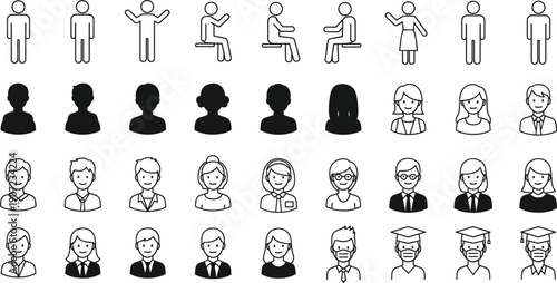 Large set of diverse people icons including business avatars, student graduates, medical professionals in masks, and stick figures for corporate team and community design.